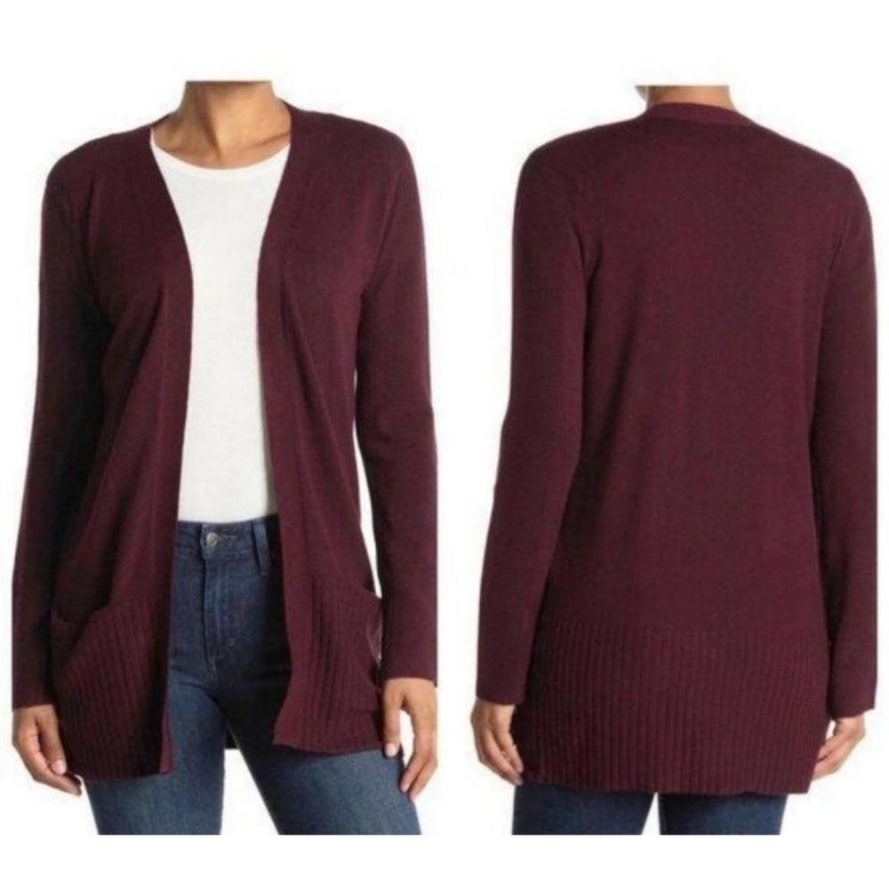 Devotion by Cyrus Ribbed Sleeve Open Front Cardigan Sweater Wine Size L